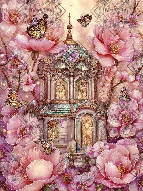Golden stained-glass tower surrounded by large pink blossoms and butterflies in a soft fantasy atmosphere.