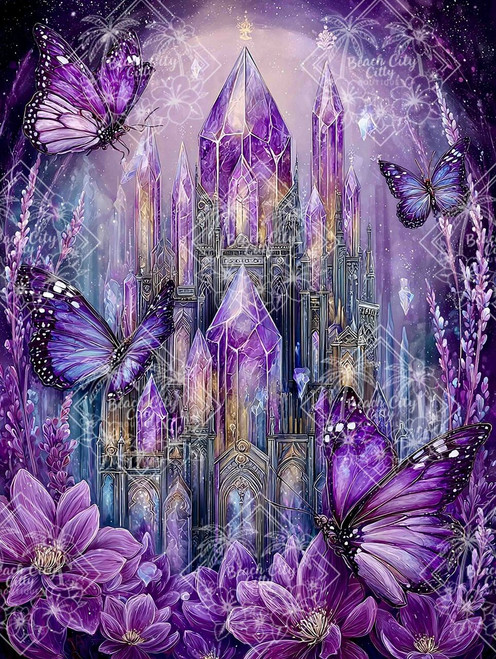 Tall amethyst crystal castle surrounded by purple butterflies and flowers under a starry sky.