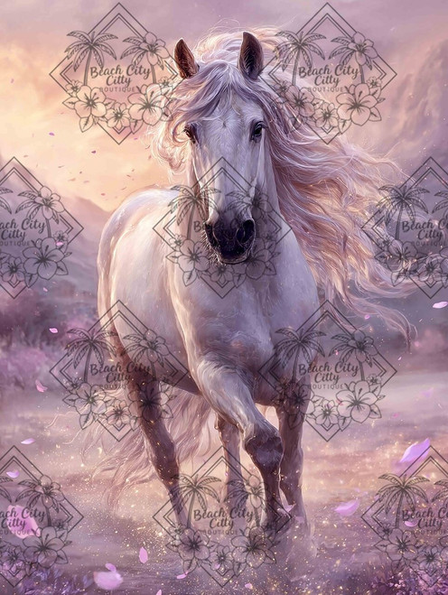 White horse running forward with flowing mane and pink petals in a pastel sunset landscape.