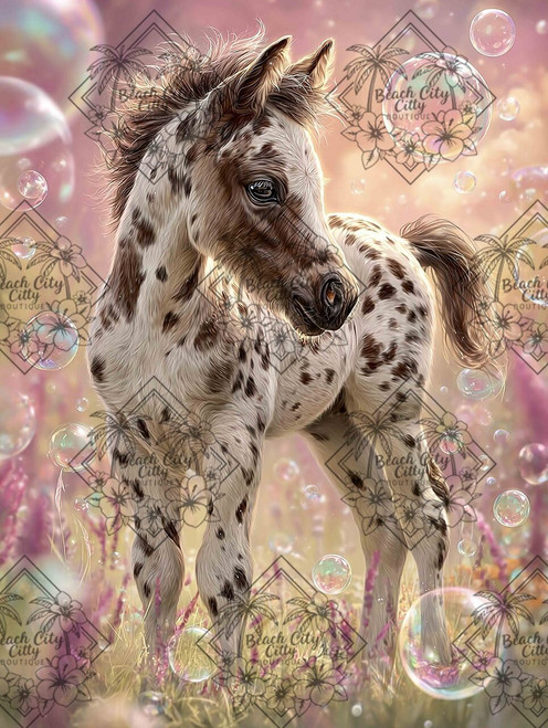 Spotted baby appaloosa foal in a pastel meadow surrounded by floating bubbles.
