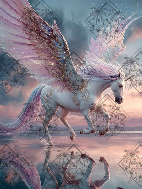 Winged unicorn running across reflective water with glowing pastel wings and starlit sky.