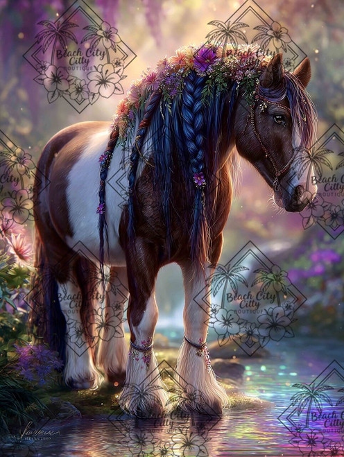 Forest horse with long braided mane and flowers standing beside a glowing woodland stream.