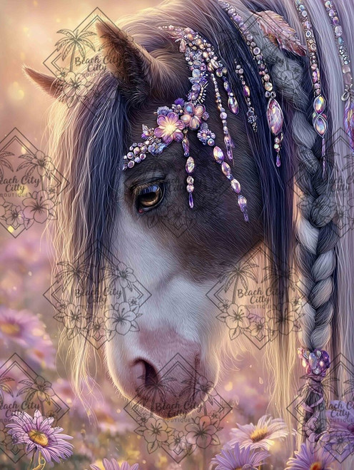 Close-up horse head with amethyst jewelry and braids among lavender flowers.
