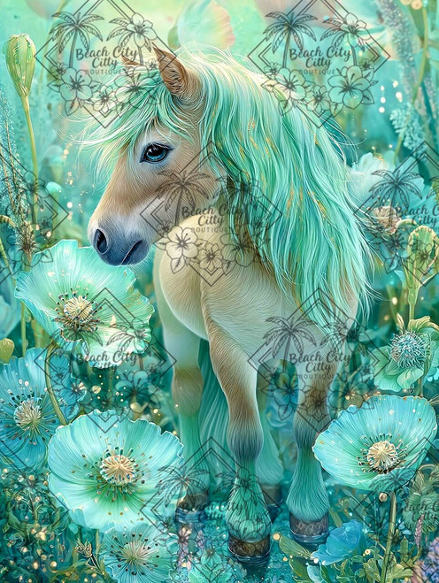 Cute filly with mint aqua mane standing among glowing blue poppy flowers.