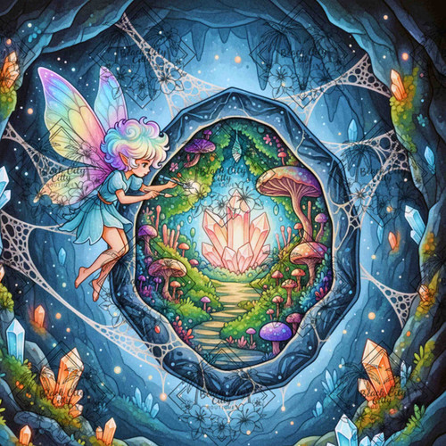 Fairy shaping glowing crystals inside a sparkling cave with gemstones and mushrooms.