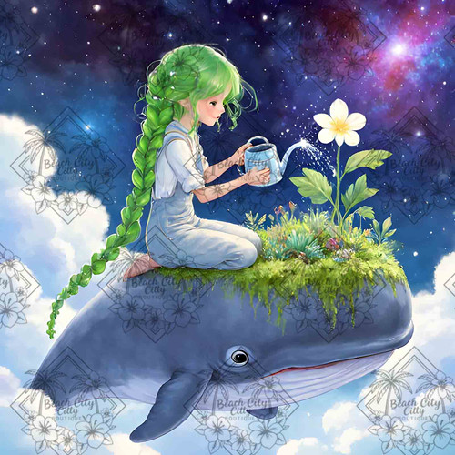 Girl watering a glowing flower while sitting on a sky whale floating through the stars.