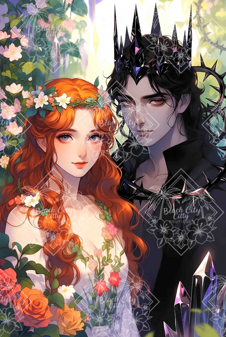 Dark fantasy Persephone and Hades couple under moonlight with red roses, black crown, and glowing fire.