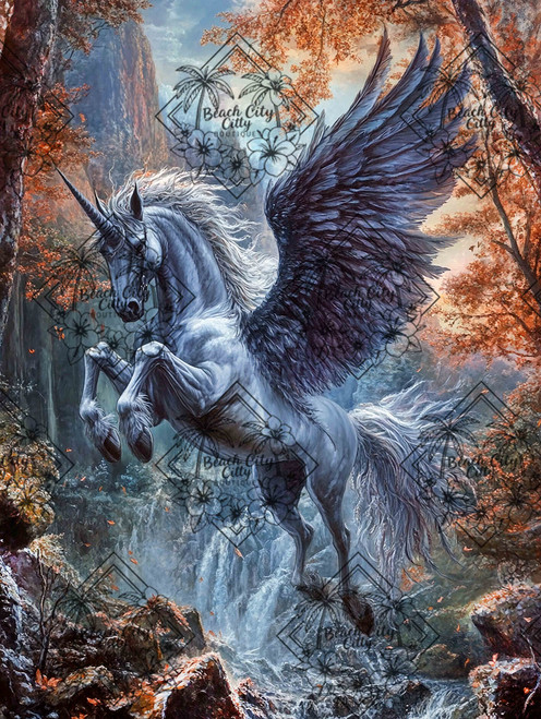 Dark pegasus with massive black wings soaring above waterfalls in a dramatic mountain forest.