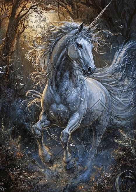 White unicorn running through a dark enchanted forest with moonlight shining behind it.