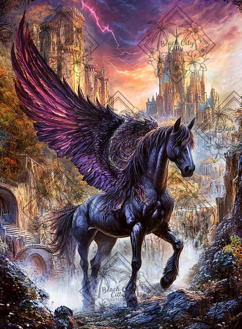 Black Pegasus with purple wings standing before ancient castle ruins beneath a swirling twilight sky.
