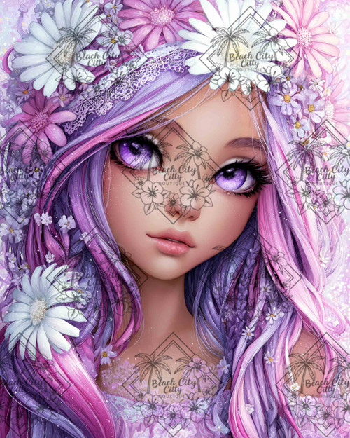 Big-eye girl with lavender and pink hair adorned with daisies and pastel flowers, dreamy fantasy portrait diamond art.