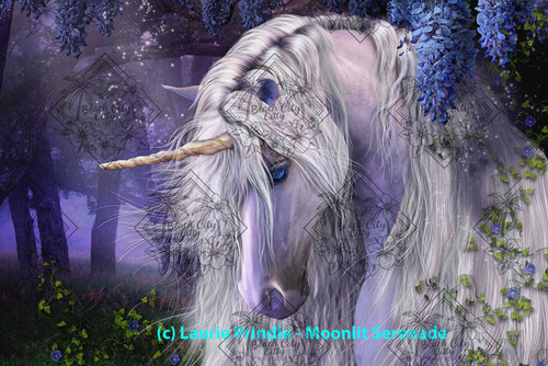 White unicorn with long flowing mane under moonlit wisteria in a purple enchanted forest – Laurie Prindle fantasy artwork