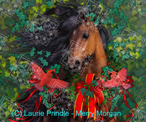Festive horse with flowing dark mane, red cardinals, holly wreath, and holiday ribbons in a lush green forest background – Laurie Prindle artwork