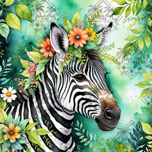 Watercolor zebra with floral crown and green leafy background