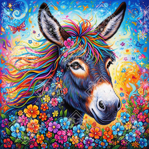 Colorful donkey with rainbow mane surrounded by bright fantasy flowers