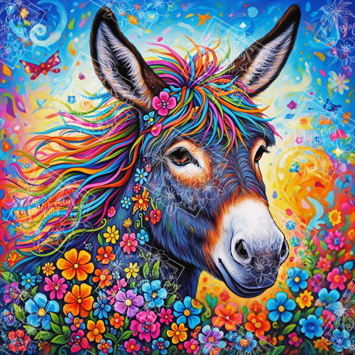 Colorful donkey with rainbow mane surrounded by bright fantasy flowers