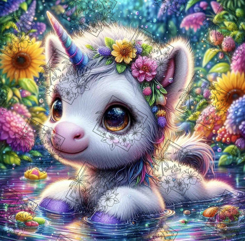 Cute baby unicorn with floral crown standing in glowing water surrounded by flowers