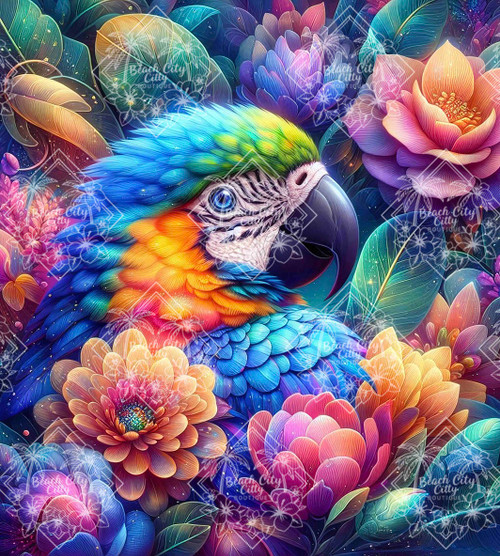 Colorful parrot surrounded by tropical flowers and lush foliage in a fantasy illustration