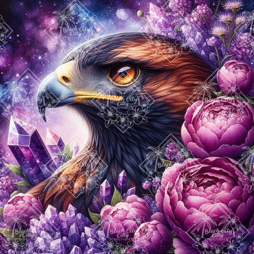 Majestic eagle surrounded by purple crystals and cosmic background in fantasy artwork
