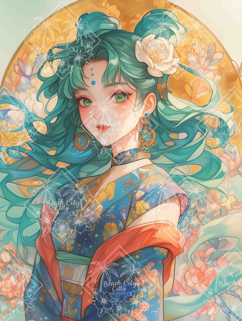Asian-inspired illustration of a jade-haired spirit beneath a glowing moon, with flowing robes and serene fantasy elegance