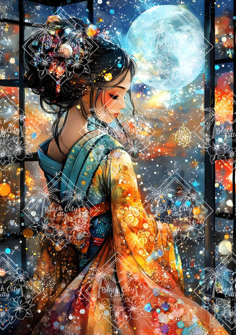 A serene illustration of a woman in traditional dress gazing downward by a window, illuminated by glowing moonlight and floating sparkles.