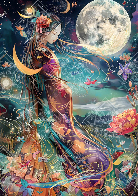 A graceful woman standing beneath a glowing moon, surrounded by flowing lines, butterflies, and soft night colors symbolizing renewal.