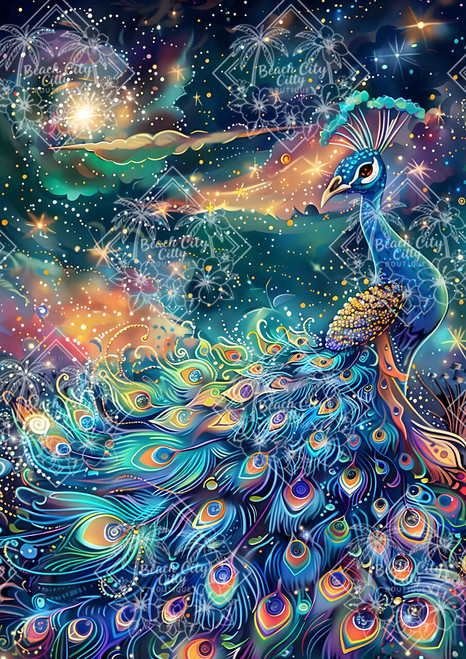 A majestic peacock with flowing, colorful feathers set against a star-filled sky, symbolizing confidence, beauty, and inner strength.