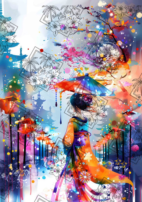 A woman walking beneath lanterns and blossoms with a colorful umbrella, surrounded by glowing city lights and soft dreamlike motion.