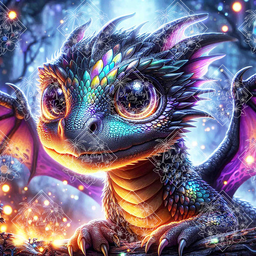 Fantasy baby dragon with iridescent scales and piercing eyes emerging from a shadowed magical forest artwork