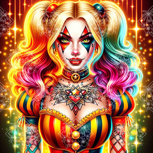 Fantasy carnival woman with dramatic makeup, vibrant colors, and intense gaze in a theatrical portrait artwork