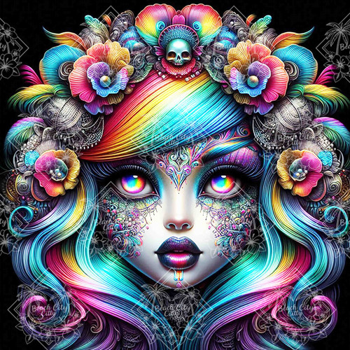 Dark fantasy queen with rainbow-toned shadows, ornate florals, and symbolic skull crown in a surreal portrait