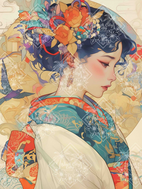Asian-inspired side profile illustration of a woman in an ornate kimono with floral hair ornaments and traditional Edo-era elegance