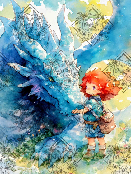 Small child touching the face of a gentle blue dragon in a soft watercolor fantasy scene