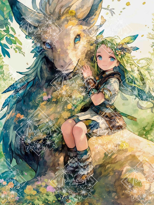 Child with green hair sitting beside a gentle horned forest creature in a peaceful watercolor fantasy setting