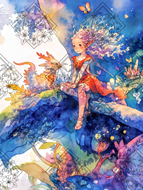 Fairy child sitting with a small dragon on a rock in a colorful watercolor fantasy environment
