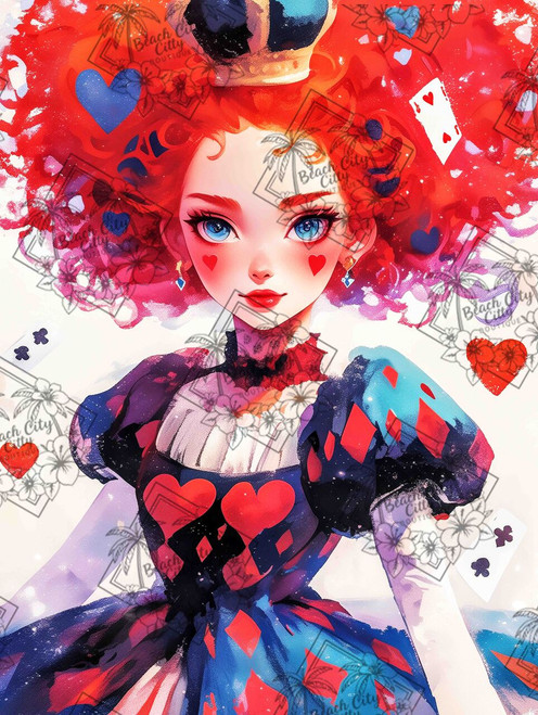 Fantasy card queen with red hair, hearts, and playing cards inspired by Alice in Wonderland in a colorful painterly style.