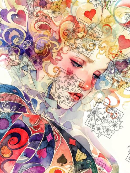 Dreamy Alice in Wonderland inspired portrait of a woman with heart motifs, soft curls, and pastel watercolor textures.