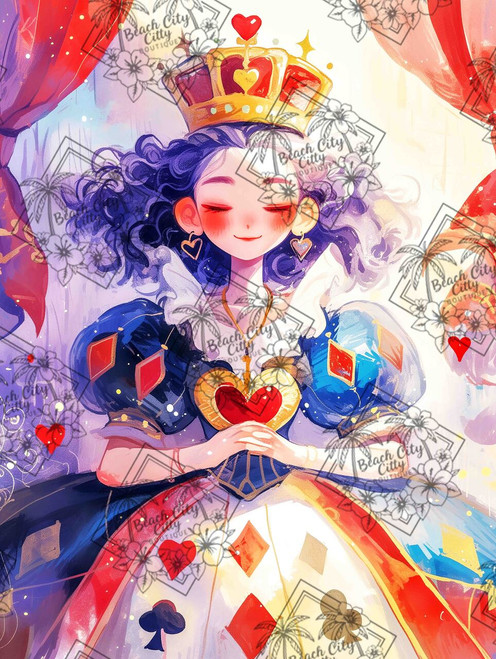 Alice in Wonderland inspired heart queen holding a glowing heart, dressed in royal attire with soft fantasy lighting.