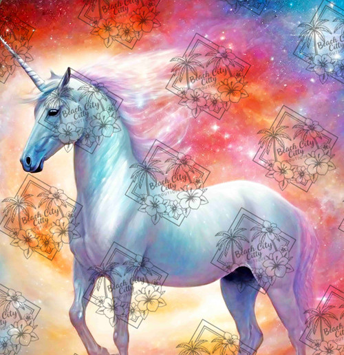 White unicorn with flowing pastel mane standing against a glowing galaxy filled with stars and light.