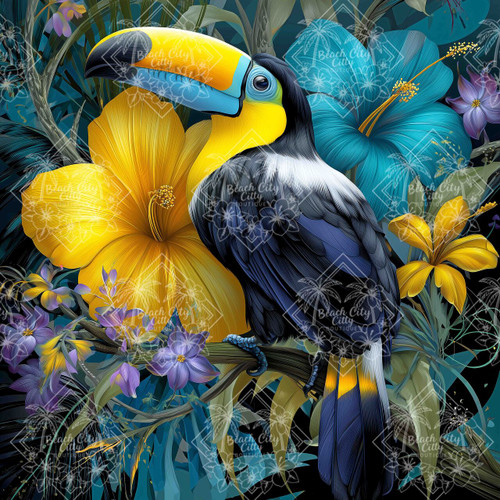 Text
Toucan with a blue and yellow beak surrounded by tropical blue, lavender, and yellow flowers
