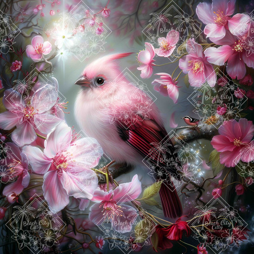 Beautiful pink bird perched among fruit tree blossoms with soft pastel tones