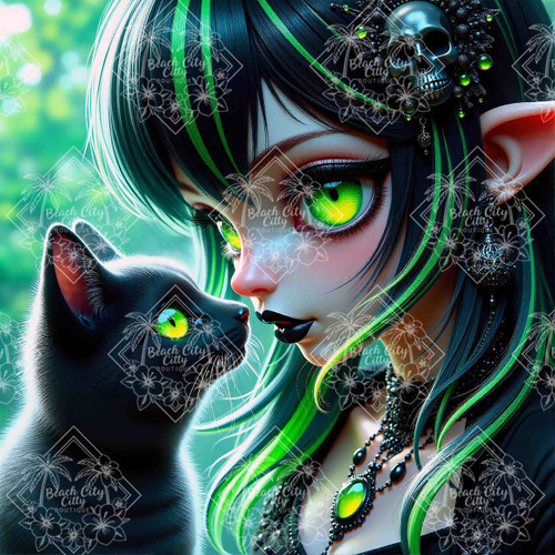 Gothic girl with neon green eyes sharing an intimate moment with a black cat familiar