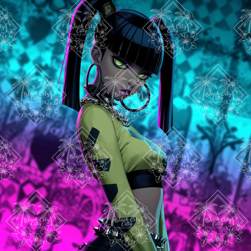 Punk goth girl with neon eyes and bold grunge colors in an urban fantasy setting