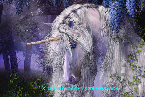White unicorn with long flowing mane under moonlit wisteria in a purple enchanted forest – Laurie Prindle fantasy artwork