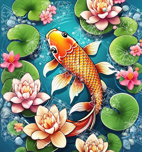Tranquil Koi Garden diamond painting with koi and lotus pond by Natasha Muir