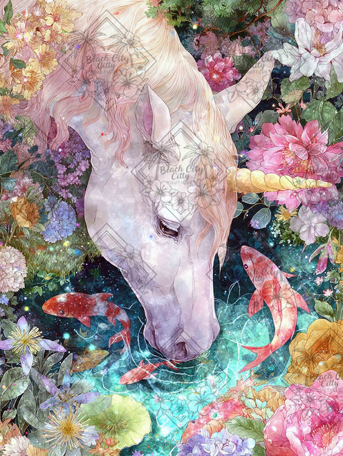 Diamond art of a unicorn drinking from a pond surrounded by koi fish and vibrant flowers, illustrated by Sakura.