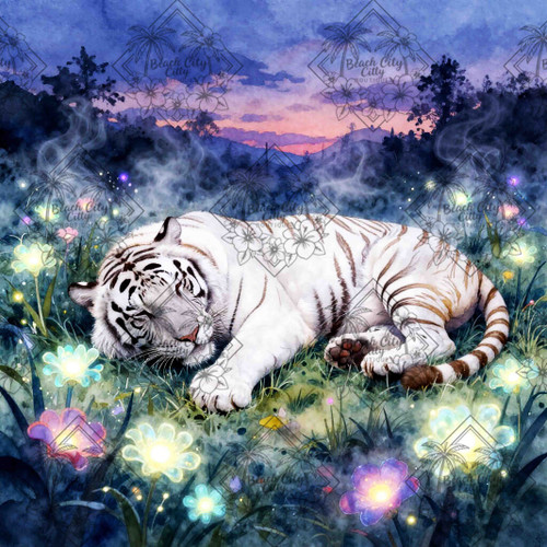 A white tiger sleeping peacefully in a glowing meadow filled with luminous flowers under a twilight sky