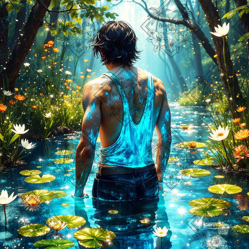 A fantasy man viewed from behind standing in a glowing forest stream with lily pads