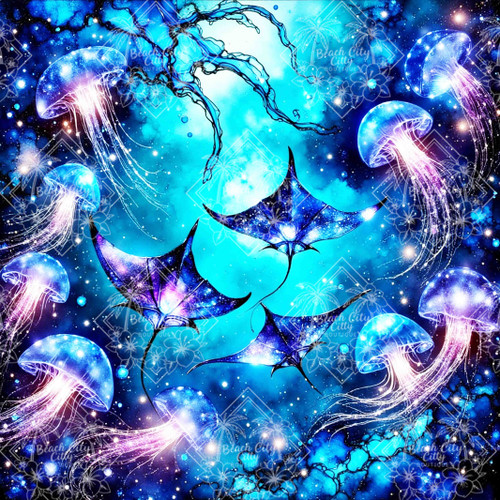 Glowing manta rays and jellyfish floating through a cosmic underwater dreamscape