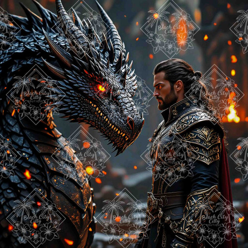 A fantasy warrior standing face to face with a black dragon amid glowing embers